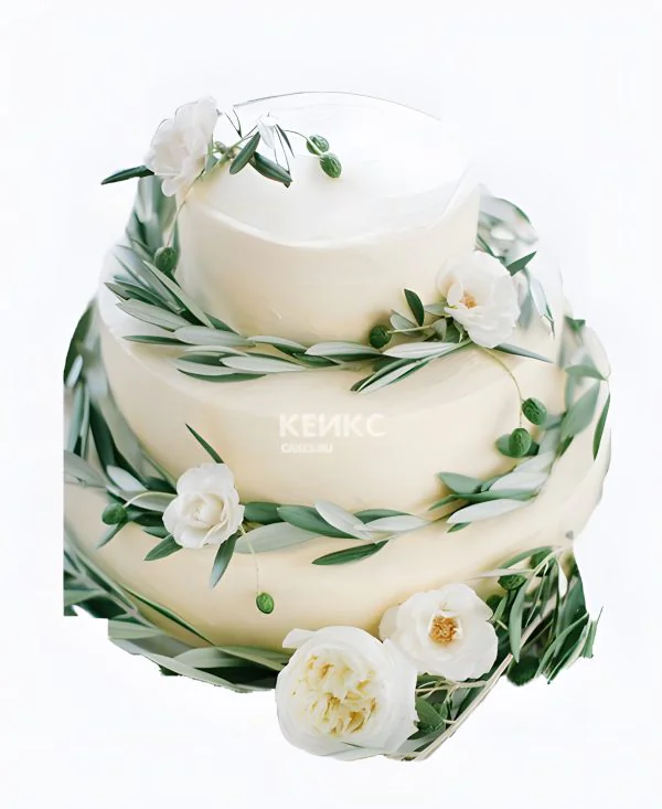 Оригинальный торт с зелеными листиками и розами Фото