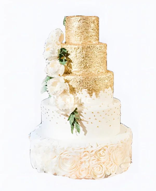 Золотой свадебный торт с мастикой Золотой свадебный торт с мастикой Фото
