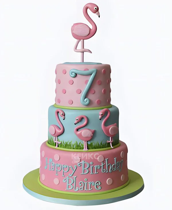 Трехэтажный торт с розовыми фламинго Трехэтажный торт с розовыми фламинго Фото