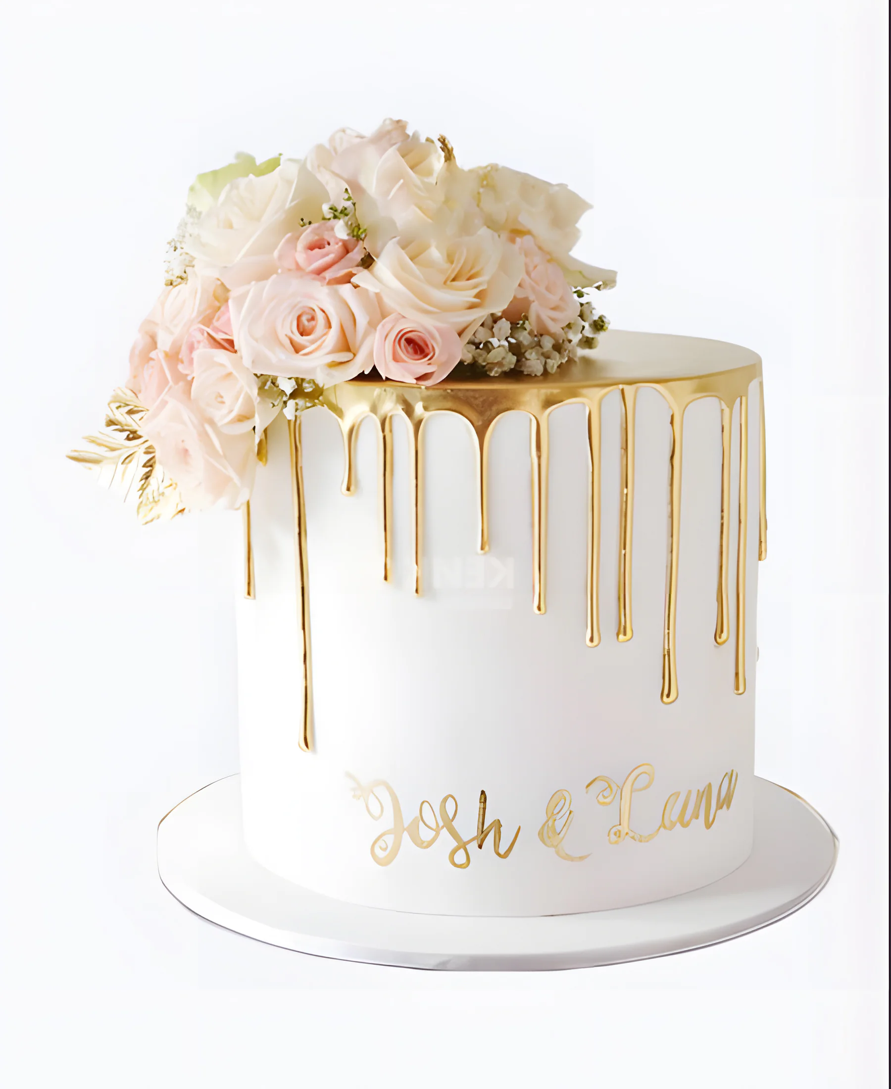 Одноярусный свадебный торт без мастики с золотой надписью Фото