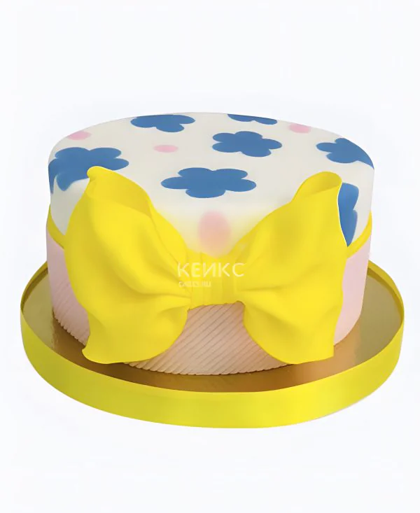 Торт с желтым бантом в синий цветочек Фото