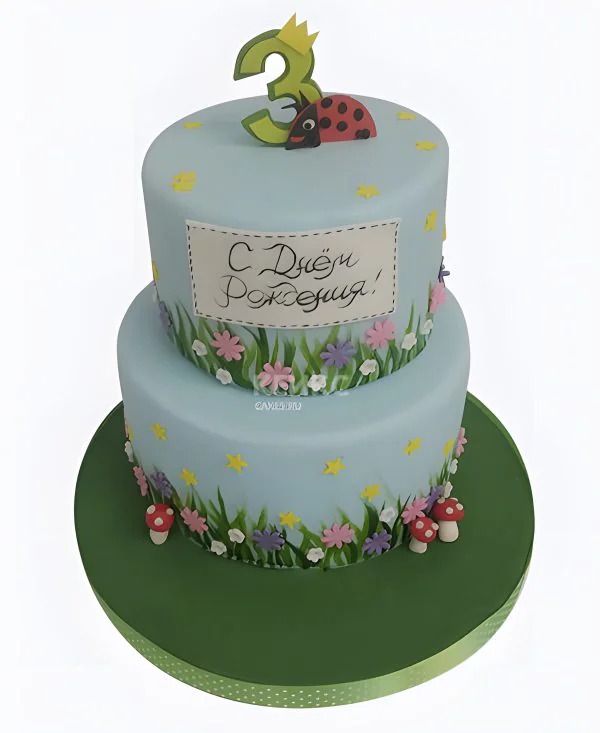 Торт /С днем рождения/ цифрой и божьей коровкой 2х ярусный Фото