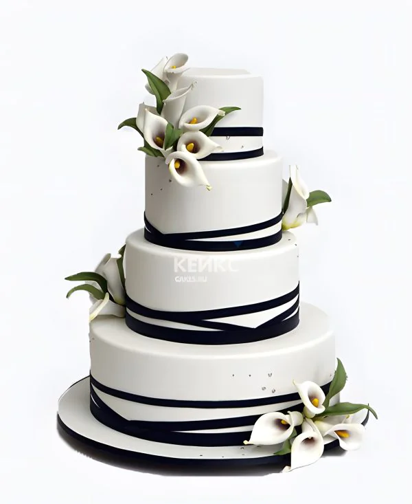 Красивый торт с темными полосками и оригинальными цветами Фото