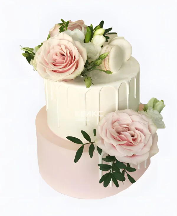 Стильный торт с розами и макарунс Стильный торт с розами и макарунс Фото