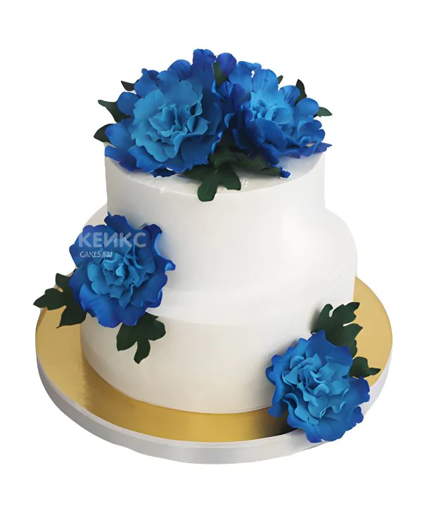 Маленький белый свадебный торт с синими цветами Маленький белый свадебный торт с синими цветами Фото