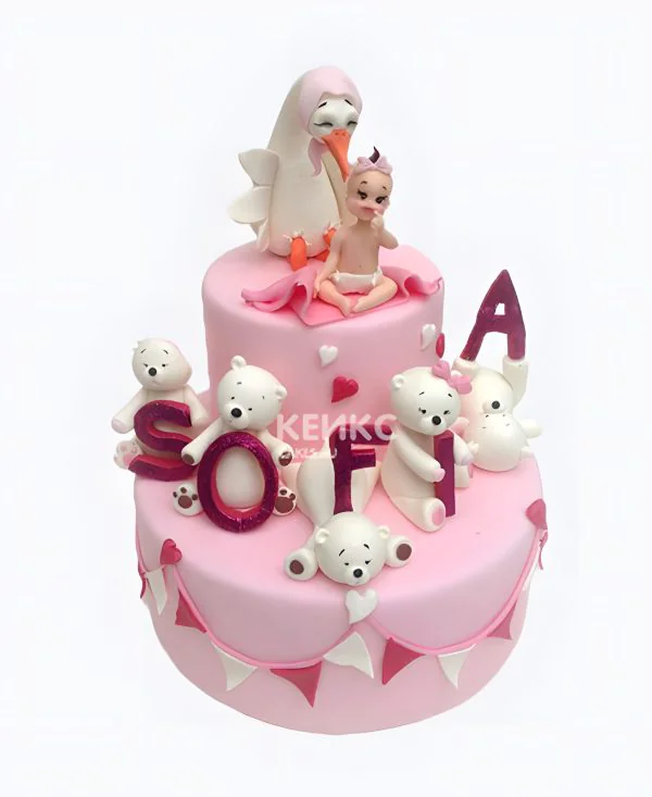 Розовый торт с аистом на рождение девочки Фото