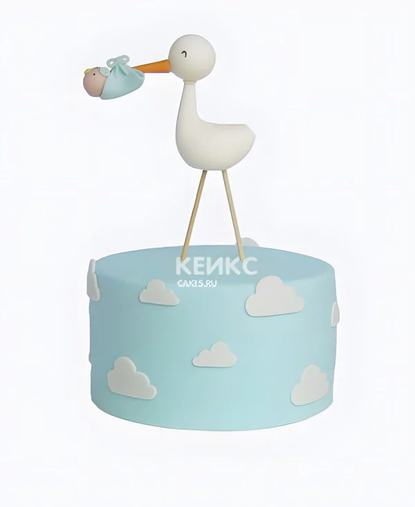 Нежно-голубой торт с ребенком в клюве Фото