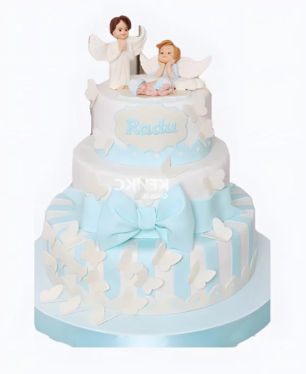 Трехъярусный торт с голубой окантовкой Фото