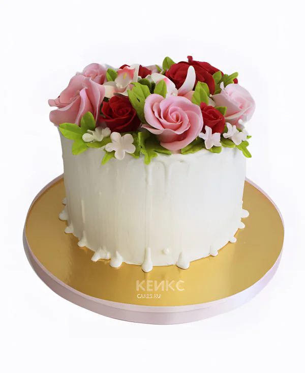 Шикарный торт букет с розами и подтеками Фото