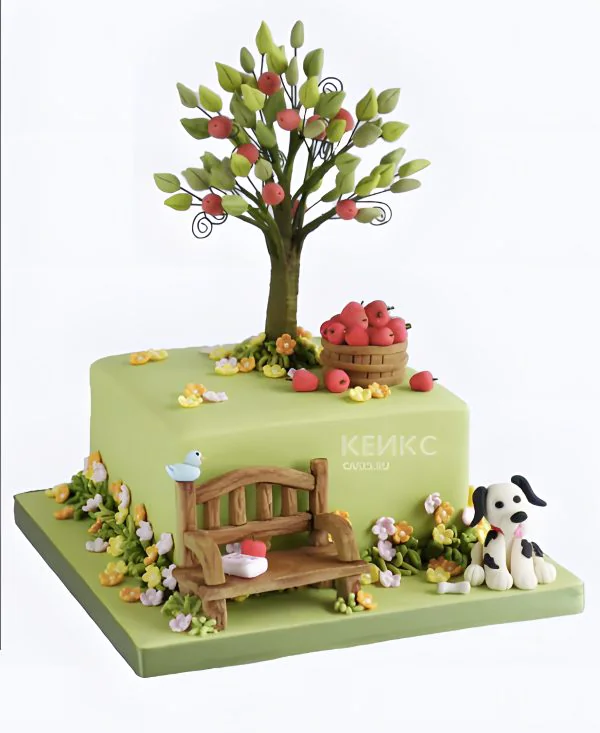 Уютный торт дерево с яблоками и собакой Фото