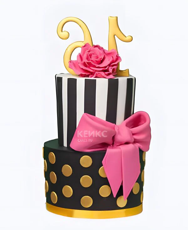 Черно-золотой торт с розовым бантом и цветком Фото