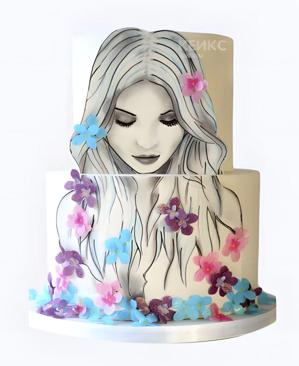 Торт с изображением длинноволосой девушки с цветами Торт с изображением длинноволосой девушки с цветами Фото