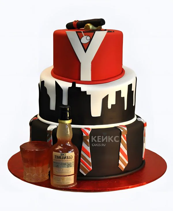 Торт в стиле города с бутылкой коньяка Торт в стиле города с бутылкой коньяка Фото