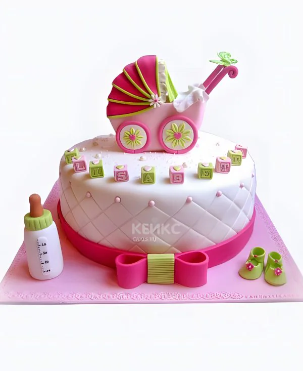 Торт с розовой коляской и бутылочкой для молока Торт с розовой коляской и бутылочкой для молока Фото