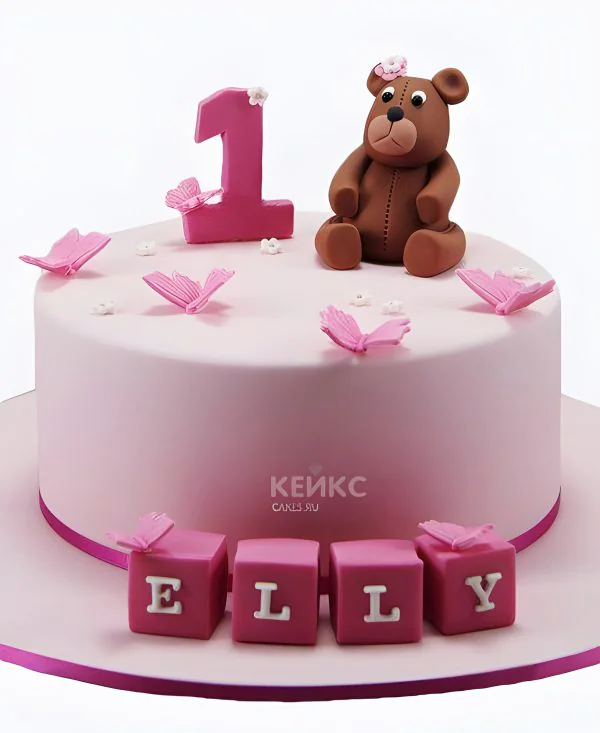 Торт с розовыми бабочками и медведем Торт с розовыми бабочками и медведем Фото