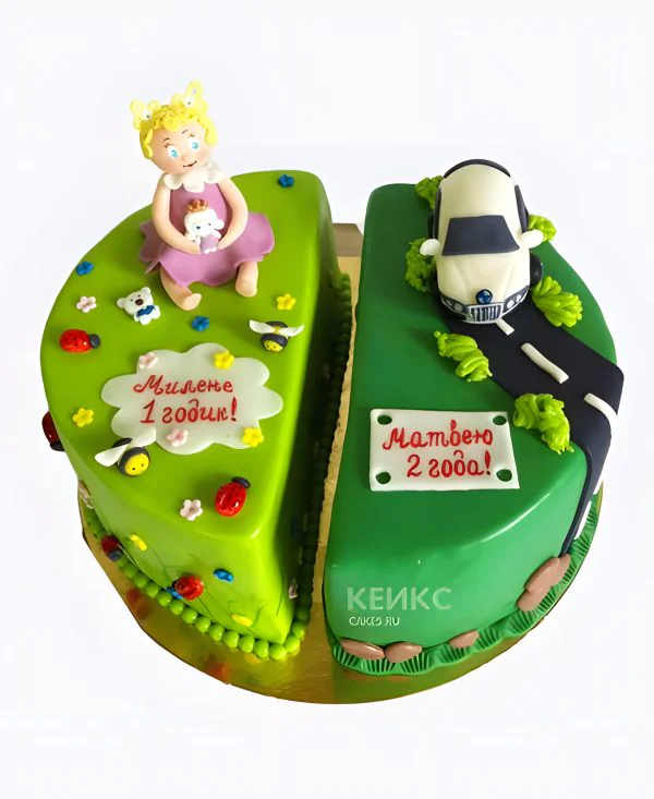Торт с девочкой и машинкой в зеленых тонах Фото