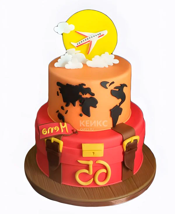 Красно-оранжевый торт для путешественника с самолетом Фото