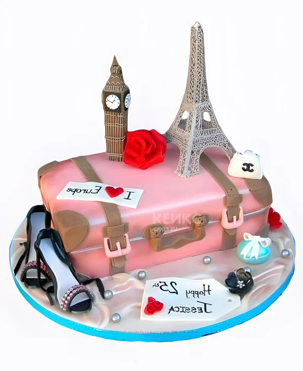 Дорогой розовый торт для путешественницы в виде чемодана Фото
