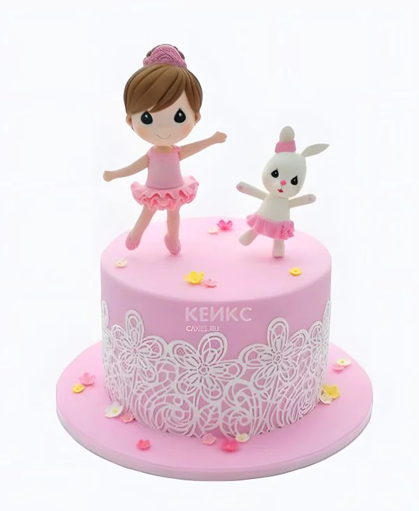 Розовый торт с фигуркой девочки и зайчика Розовый торт с фигуркой девочки и зайчика Фото