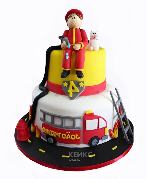 Двухъярусный торт для пожарного из мастики Фото