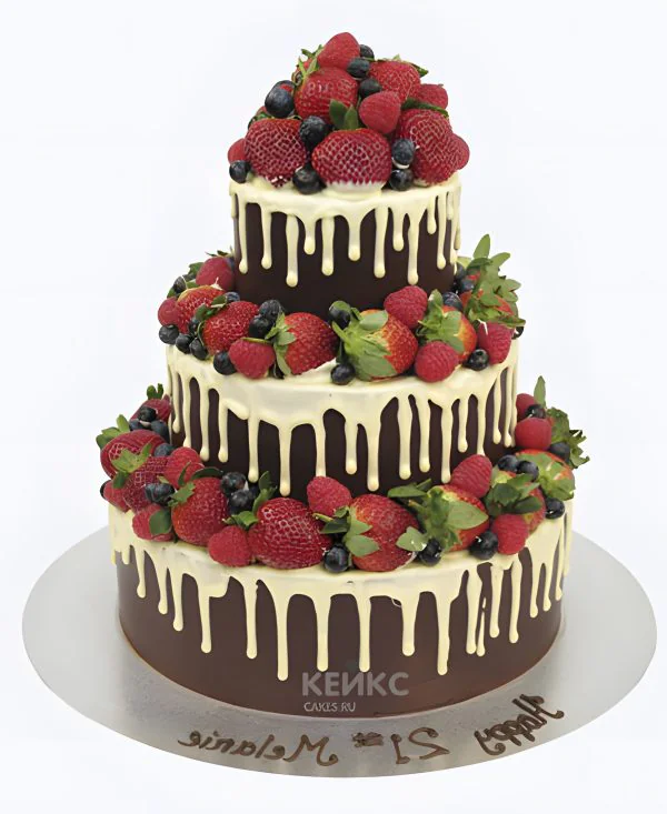 Торт двухъярусный с фруктами и подтеками Фото