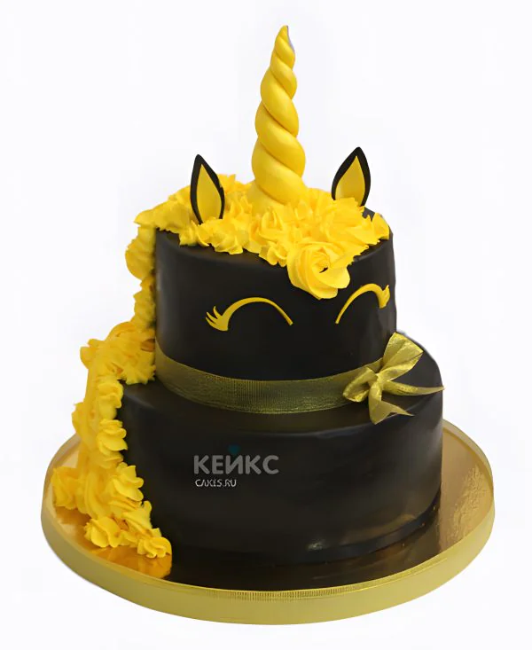 Черный торт с желтым единорогом Фото