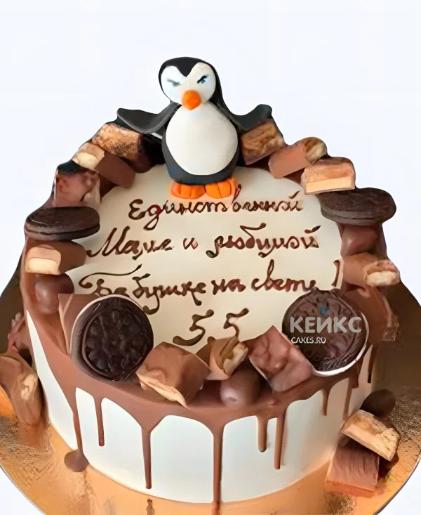 Торт единственной маме на свете с пингвином Фото