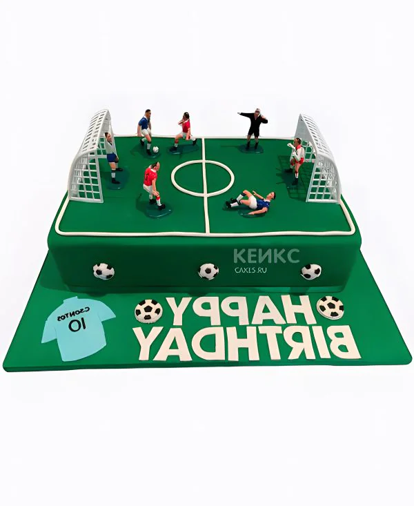 Торт футбольное поле с мячом и футболистами Фото