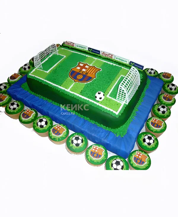 Торт футбольное поле без мастики с логотипом и капкейками Торт футбольное поле без мастики с логотипом и капкейками Фото
