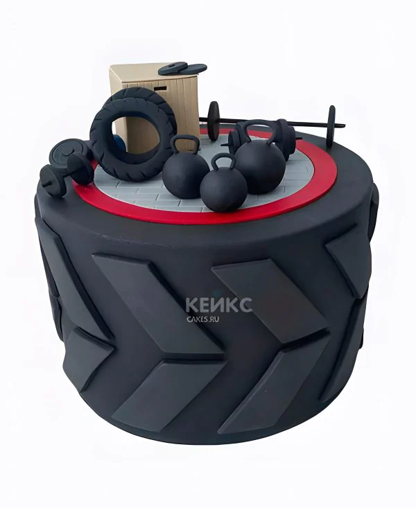 Черный торт колесо с гирей и инвентарем Черный торт колесо с гирей и инвентарем Фото
