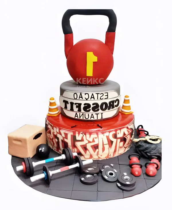 Яркий торт с гирей и штангой Яркий торт с гирей и штангой Фото