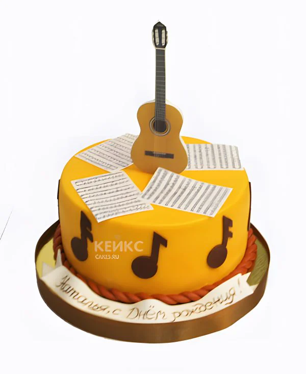 Желтый торт гитара из мастики Фото