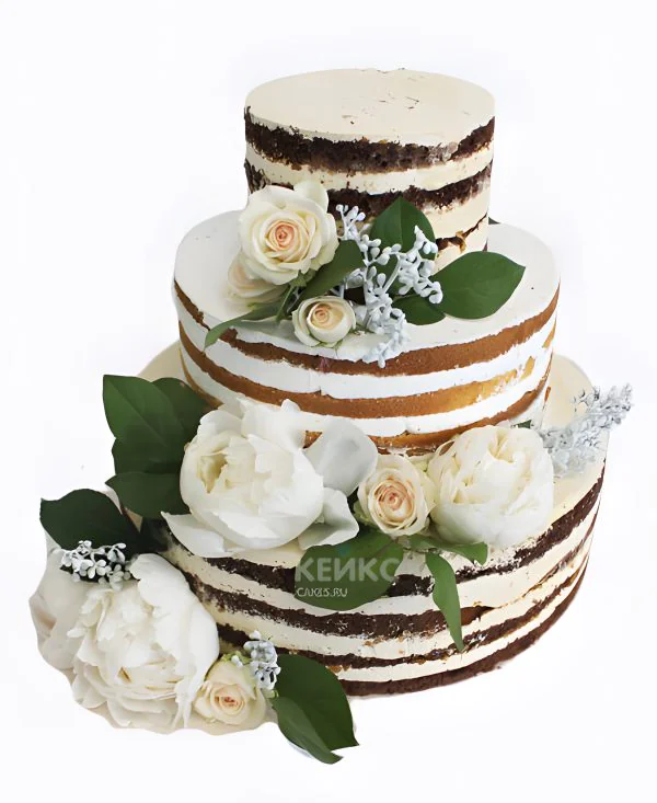 Торт голый трехъярусный с пионами и розами Фото