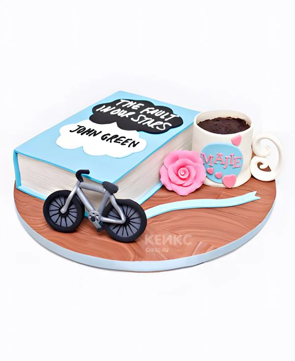 Яркий торт с велосипедом и кружкой Фото