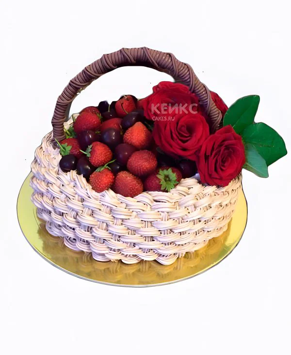 Торт корзина без мастики с клубникой и цветами Торт корзина без мастики с клубникой и цветами Фото