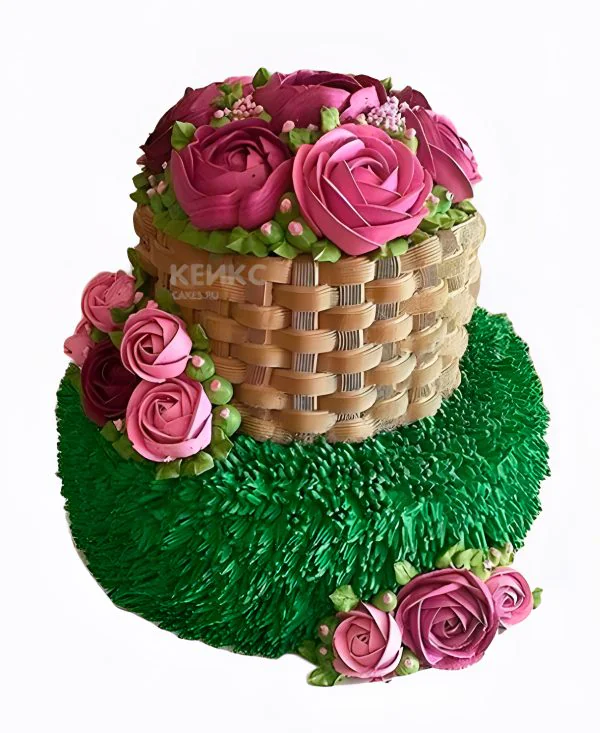 Торт корзина с розами и зеленой траве Торт корзина с розами и зеленой траве Фото