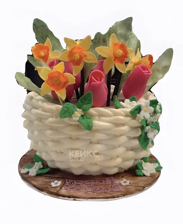 Торт корзина с розовыми тюльпанами Торт корзина с розовыми тюльпанами Фото