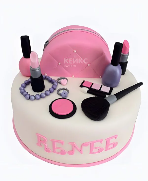 Белый торт с розовой надписью и косметикой Белый торт с розовой надписью и косметикой Фото