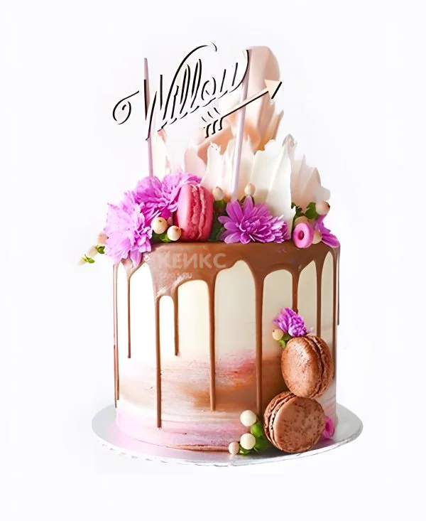 Торт с астрами и макарон с подтеками Фото