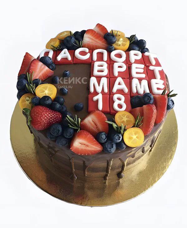 Шоколадный торт с надписью «Паспорт врет маме 18» Фото