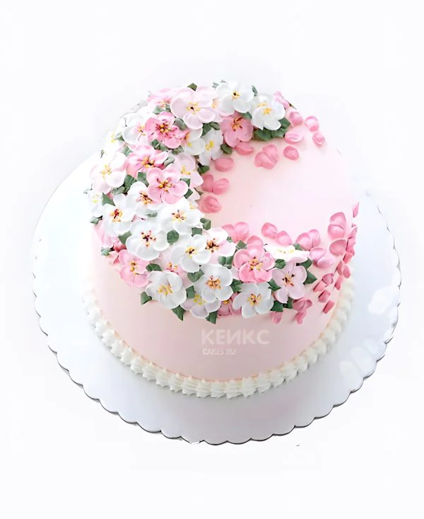 Нежно-розовый торт с маленькими цветочками Нежно-розовый торт с маленькими цветочками Фото