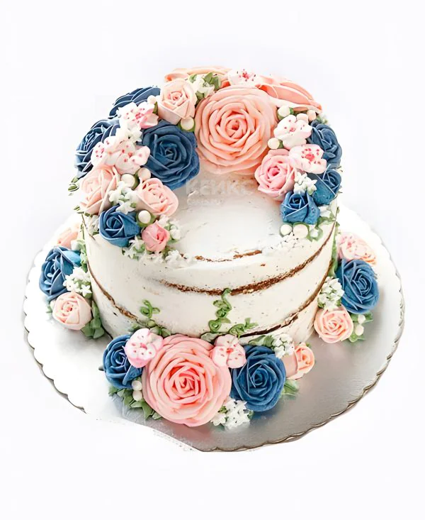 Стильный торт с розовыми и синими цветами Фото