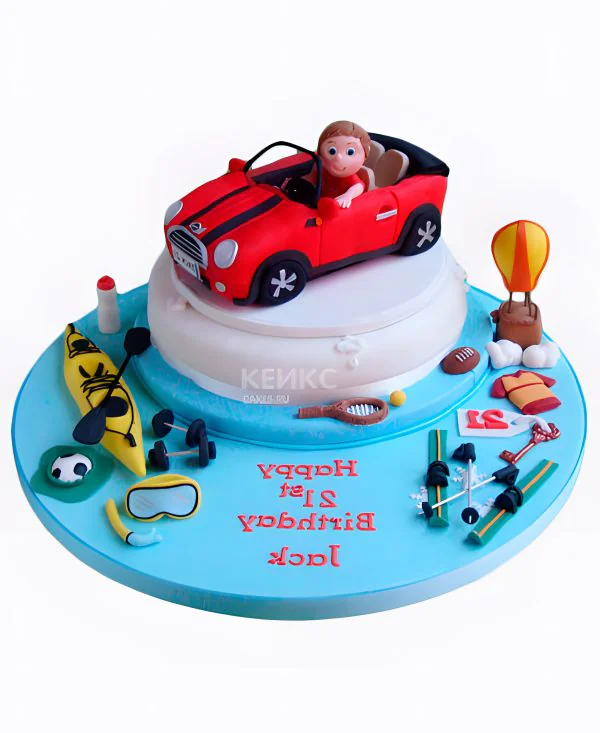 Прикольный торт с машиной и надписью Фото