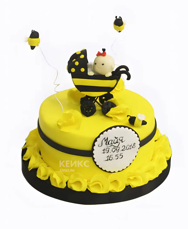 Желтый торт с коляской и пчелками Фото