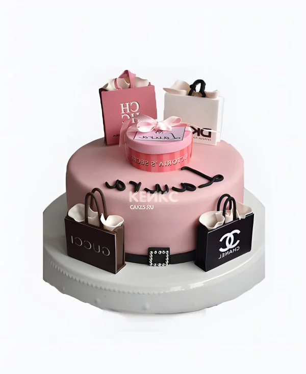 Розовый торт с подарочными пакетами Фото