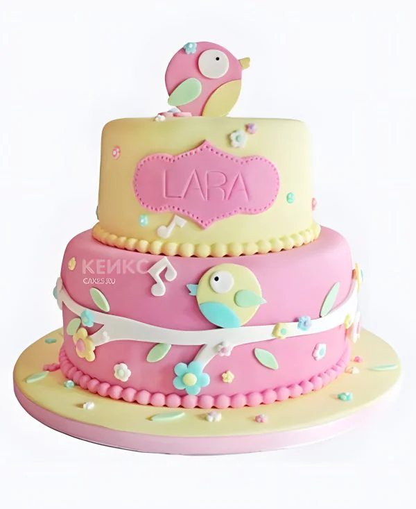 Торт желто-розовый с поющими птицами Фото