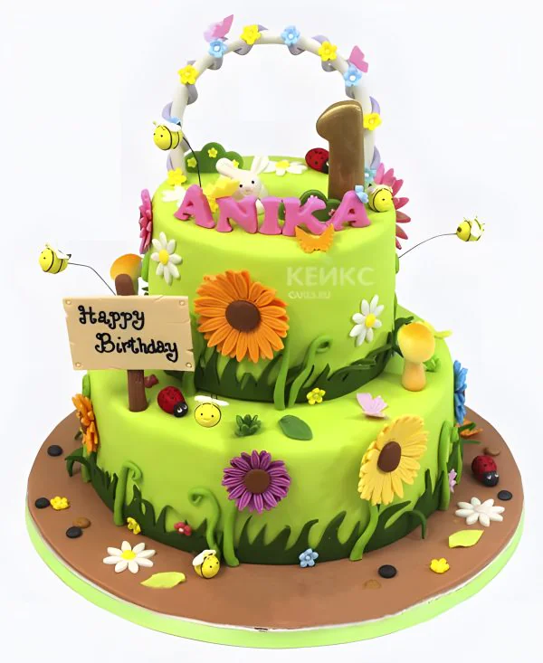 Торт зеленый с пчелами и цветами Фото