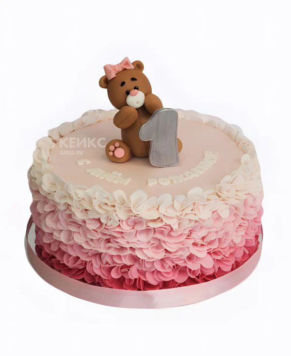 Нежно-розовый торт с мишкой Фото