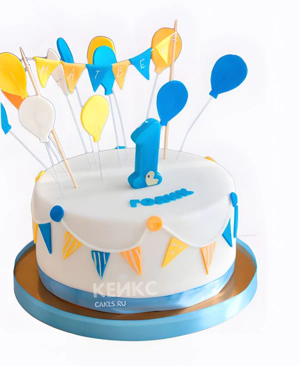 Торт с цифрой и флажками сине-желтыми Торт с цифрой и флажками сине-желтыми Фото