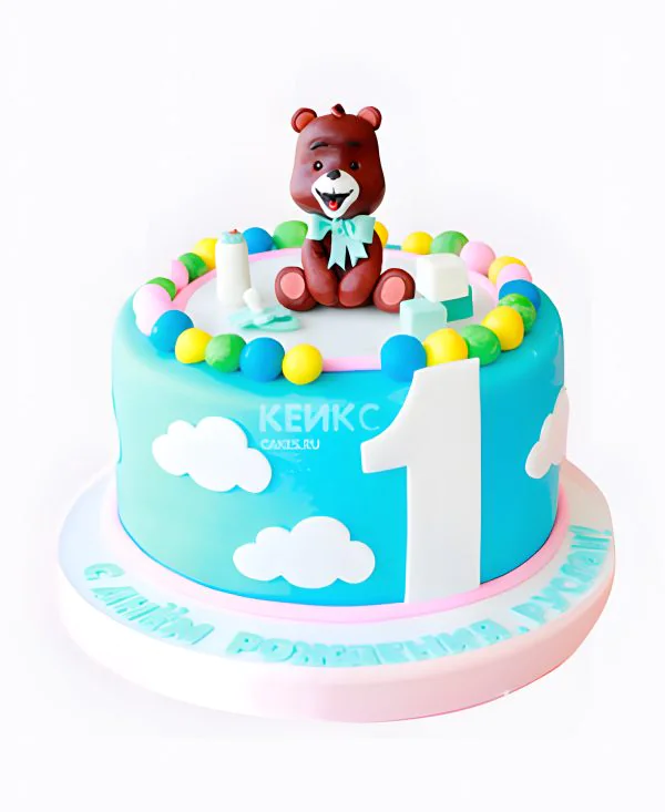 Торт голубой с бусинами и цифрой Фото